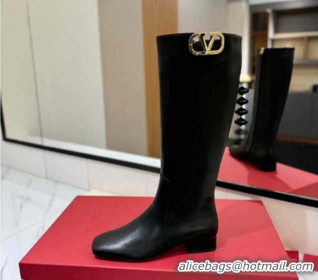 Fashion Valentino VLogo Type Heel High Boots 3cm in Calfskin Leather Black VLTN121606 1216047