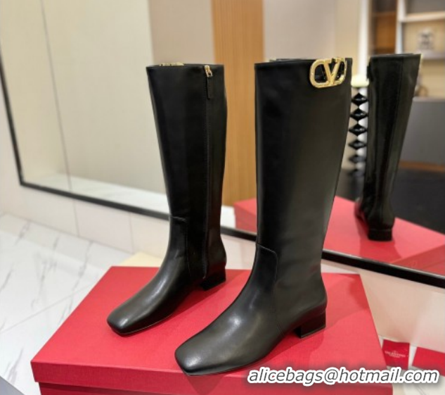 Fashion Valentino VLogo Type Heel High Boots 3cm in Calfskin Leather Black VLTN121606 1216047