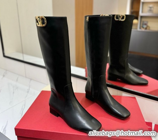 Fashion Valentino VLogo Type Heel High Boots 3cm in Calfskin Leather Black VLTN121606 1216047