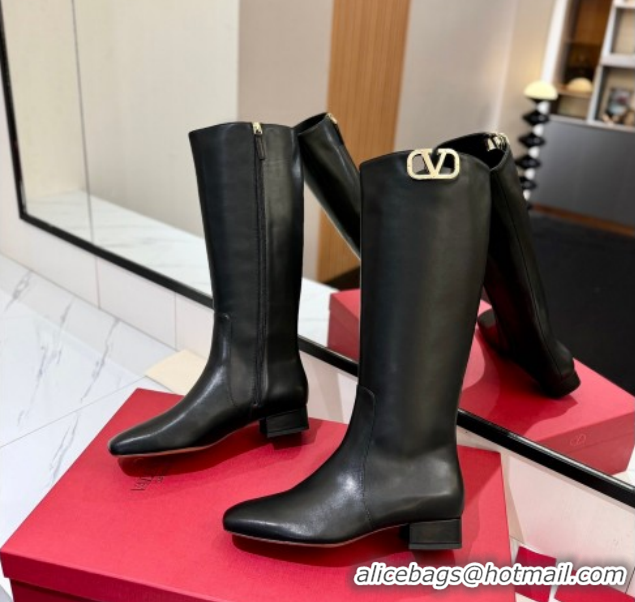Fashion Valentino VLogo Type Heel High Boots 3cm in Calfskin Leather Black VLTN121606 1216047