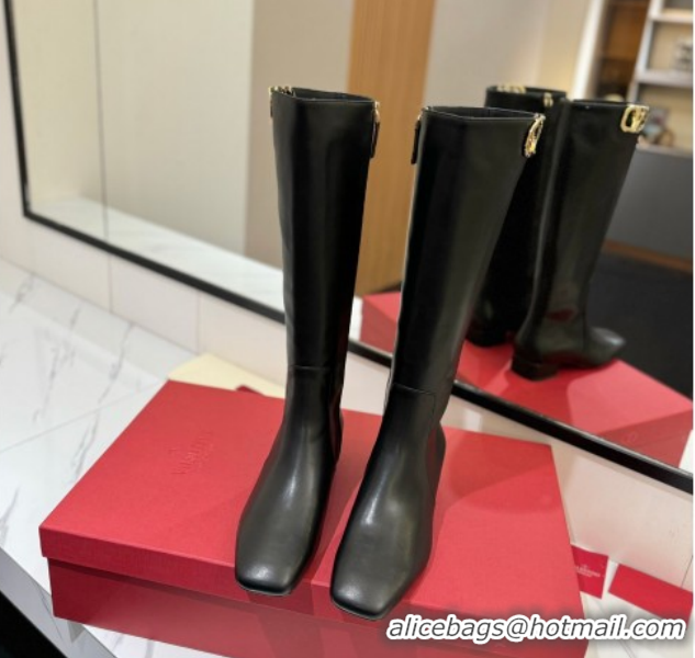 Fashion Valentino VLogo Type Heel High Boots 3cm in Calfskin Leather Black VLTN121606 1216047