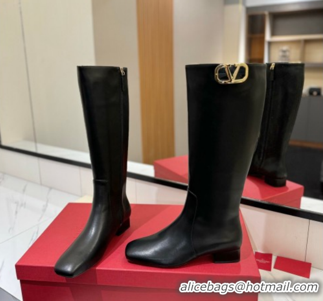 Fashion Valentino VLogo Type Heel High Boots 3cm in Calfskin Leather Black VLTN121606 1216047