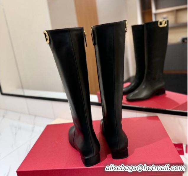 Fashion Valentino VLogo Type Heel High Boots 3cm in Calfskin Leather Black VLTN121606 1216047