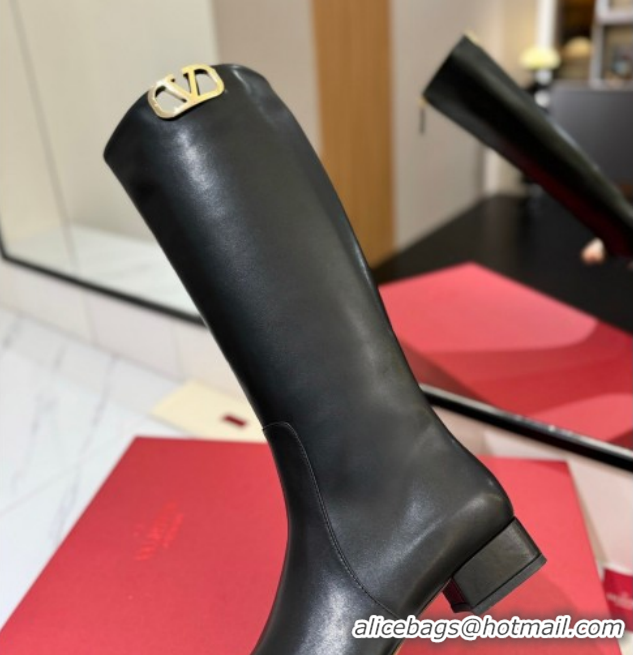 Fashion Valentino VLogo Type Heel High Boots 3cm in Calfskin Leather Black VLTN121606 1216047