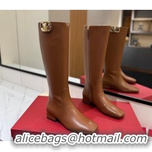 Top Grade Valentino VLogo Type Heel High Boots 3cm in Calfskin Leather Brown VLTN121606 1216048