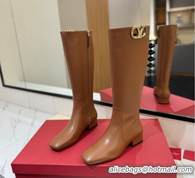 Top Grade Valentino VLogo Type Heel High Boots 3cm in Calfskin Leather Brown VLTN121606 1216048