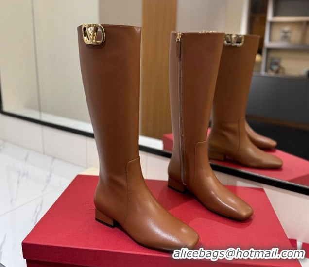 Top Grade Valentino VLogo Type Heel High Boots 3cm in Calfskin Leather Brown VLTN121606 1216048