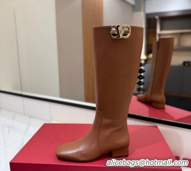 Top Grade Valentino VLogo Type Heel High Boots 3cm in Calfskin Leather Brown VLTN121606 1216048