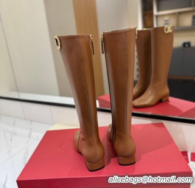Top Grade Valentino VLogo Type Heel High Boots 3cm in Calfskin Leather Brown VLTN121606 1216048