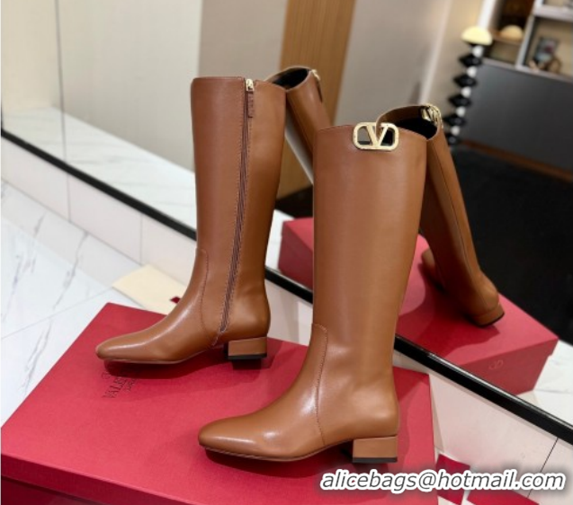 Top Grade Valentino VLogo Type Heel High Boots 3cm in Calfskin Leather Brown VLTN121606 1216048