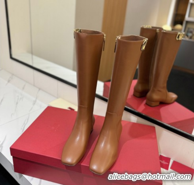 Top Grade Valentino VLogo Type Heel High Boots 3cm in Calfskin Leather Brown VLTN121606 1216048