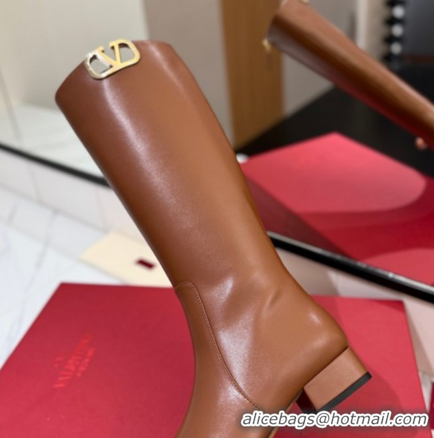 Top Grade Valentino VLogo Type Heel High Boots 3cm in Calfskin Leather Brown VLTN121606 1216048