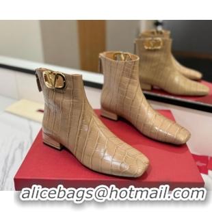 Good Quality Valentino VLogo Type Heel Ankle Boots 3cm in Stone Embossed Leather Beige VLTN121606 1216051