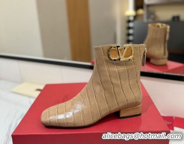 Good Quality Valentino VLogo Type Heel Ankle Boots 3cm in Stone Embossed Leather Beige VLTN121606 1216051