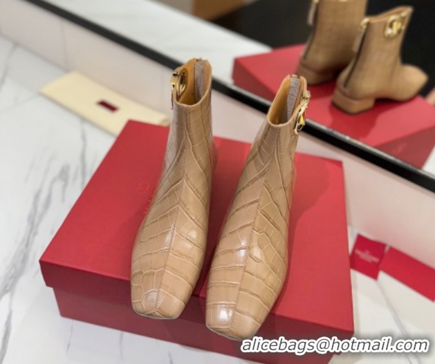 Good Quality Valentino VLogo Type Heel Ankle Boots 3cm in Stone Embossed Leather Beige VLTN121606 1216051
