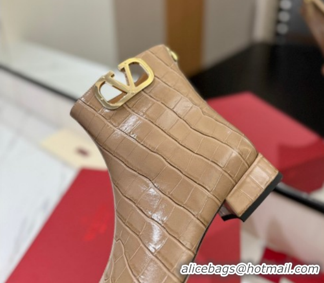 Good Quality Valentino VLogo Type Heel Ankle Boots 3cm in Stone Embossed Leather Beige VLTN121606 1216051