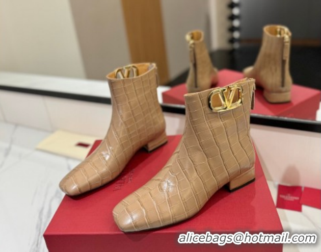 Good Quality Valentino VLogo Type Heel Ankle Boots 3cm in Stone Embossed Leather Beige VLTN121606 1216051