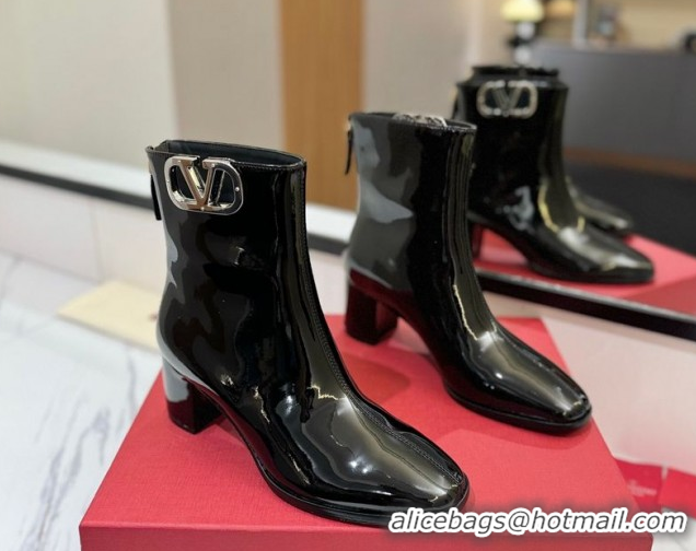 Shop Duplicate Valentino VLogo Type Heel Ankle Boots 5cm in Glazed Patent Leather Black VLTN121606 1216052