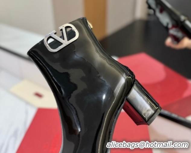 Shop Duplicate Valentino VLogo Type Heel Ankle Boots 5cm in Glazed Patent Leather Black VLTN121606 1216052