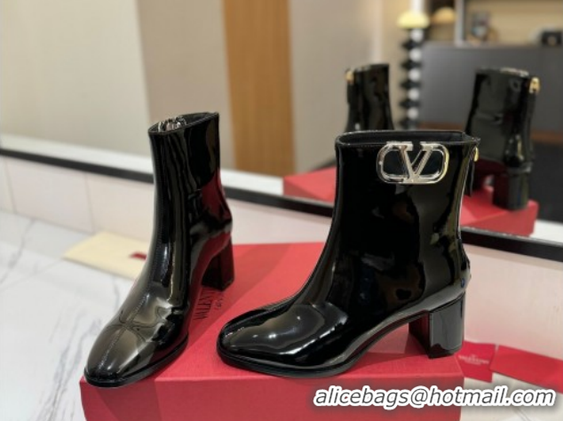 Shop Duplicate Valentino VLogo Type Heel Ankle Boots 5cm in Glazed Patent Leather Black VLTN121606 1216052