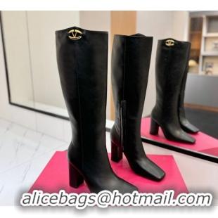 Top Design Valentino The Bold Edition VLogo Heel High Boots 9cm in Calfskin Leather Black VLTN121607 1216055