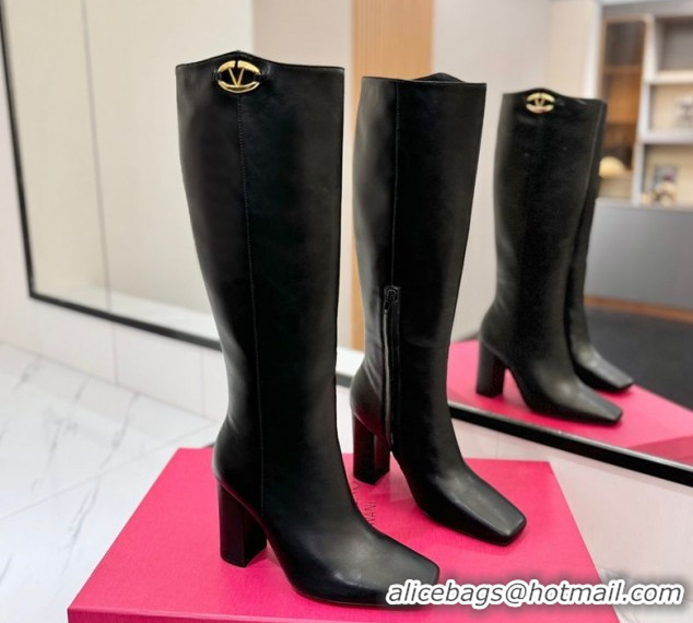 Top Design Valentino The Bold Edition VLogo Heel High Boots 9cm in Calfskin Leather Black VLTN121607 1216055