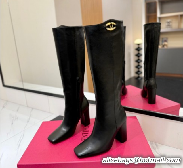 Top Design Valentino The Bold Edition VLogo Heel High Boots 9cm in Calfskin Leather Black VLTN121607 1216055