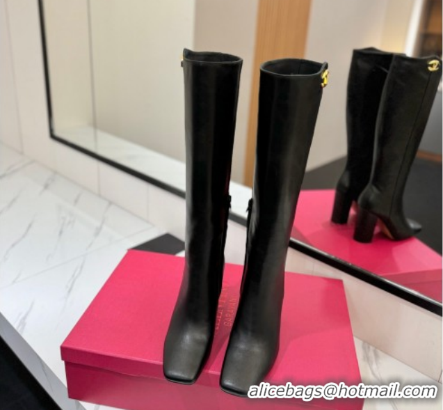 Top Design Valentino The Bold Edition VLogo Heel High Boots 9cm in Calfskin Leather Black VLTN121607 1216055