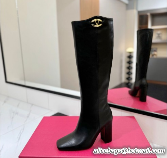 Top Design Valentino The Bold Edition VLogo Heel High Boots 9cm in Calfskin Leather Black VLTN121607 1216055