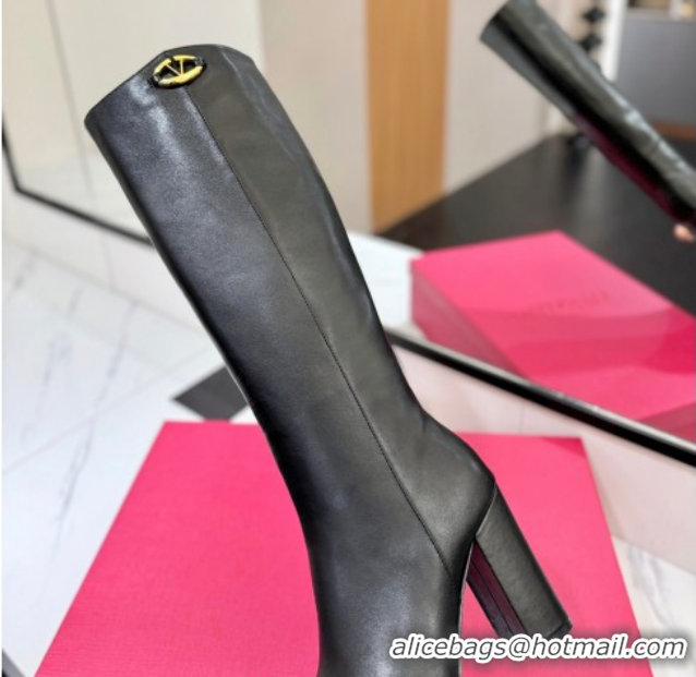 Top Design Valentino The Bold Edition VLogo Heel High Boots 9cm in Calfskin Leather Black VLTN121607 1216055