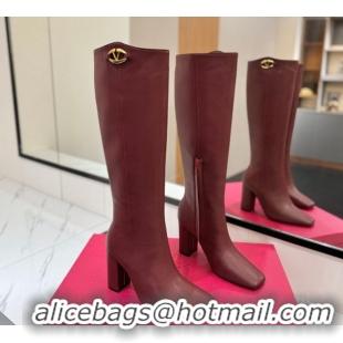Luxurious Valentino The Bold Edition VLogo Heel High Boots 9cm in Calfskin Leather Dark Burgundy VLTN121607 1216056