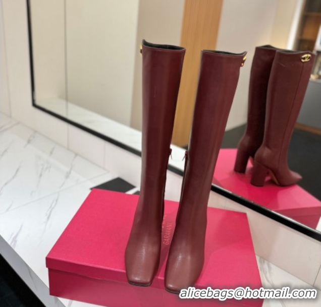 Luxurious Valentino The Bold Edition VLogo Heel High Boots 9cm in Calfskin Leather Dark Burgundy VLTN121607 1216056