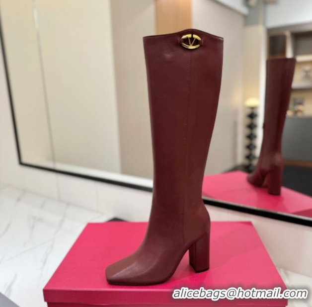 Luxurious Valentino The Bold Edition VLogo Heel High Boots 9cm in Calfskin Leather Dark Burgundy VLTN121607 1216056