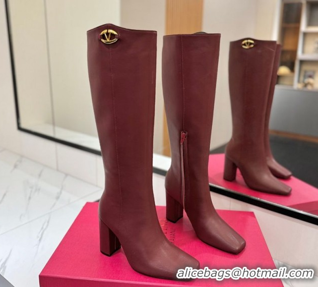 Luxurious Valentino The Bold Edition VLogo Heel High Boots 9cm in Calfskin Leather Dark Burgundy VLTN121607 1216056