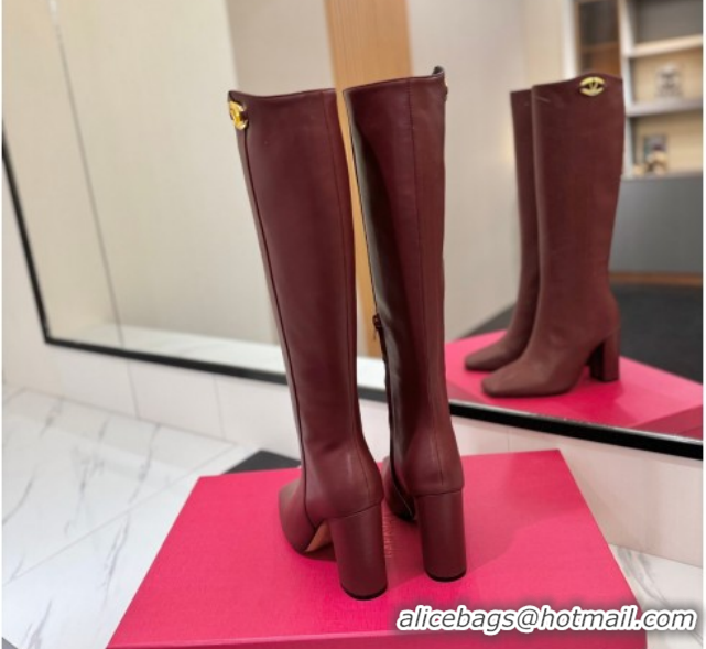 Luxurious Valentino The Bold Edition VLogo Heel High Boots 9cm in Calfskin Leather Dark Burgundy VLTN121607 1216056