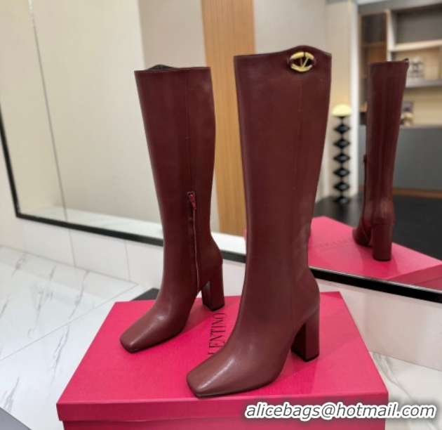 Luxurious Valentino The Bold Edition VLogo Heel High Boots 9cm in Calfskin Leather Dark Burgundy VLTN121607 1216056