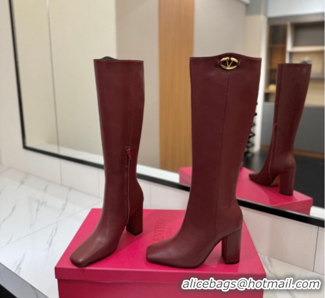 Luxurious Valentino The Bold Edition VLogo Heel High Boots 9cm in Calfskin Leather Dark Burgundy VLTN121607 1216056