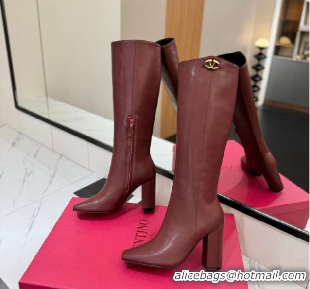 Luxurious Valentino The Bold Edition VLogo Heel High Boots 9cm in Calfskin Leather Dark Burgundy VLTN121607 1216056