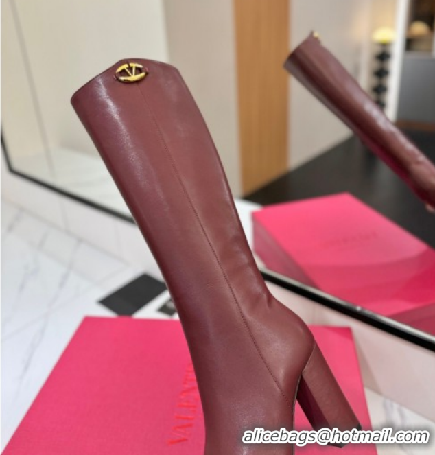 Luxurious Valentino The Bold Edition VLogo Heel High Boots 9cm in Calfskin Leather Dark Burgundy VLTN121607 1216056