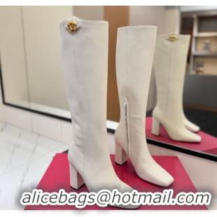 Cheap Price Valentino The Bold Edition VLogo Heel High Boots 9cm in Calfskin Leather White VLTN121607 1216057