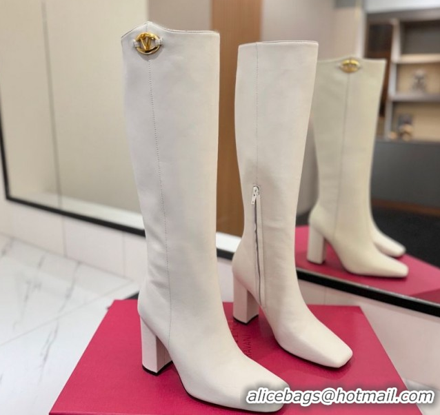 Cheap Price Valentino The Bold Edition VLogo Heel High Boots 9cm in Calfskin Leather White VLTN121607 1216057