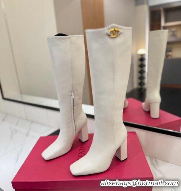 Cheap Price Valentino The Bold Edition VLogo Heel High Boots 9cm in Calfskin Leather White VLTN121607 1216057
