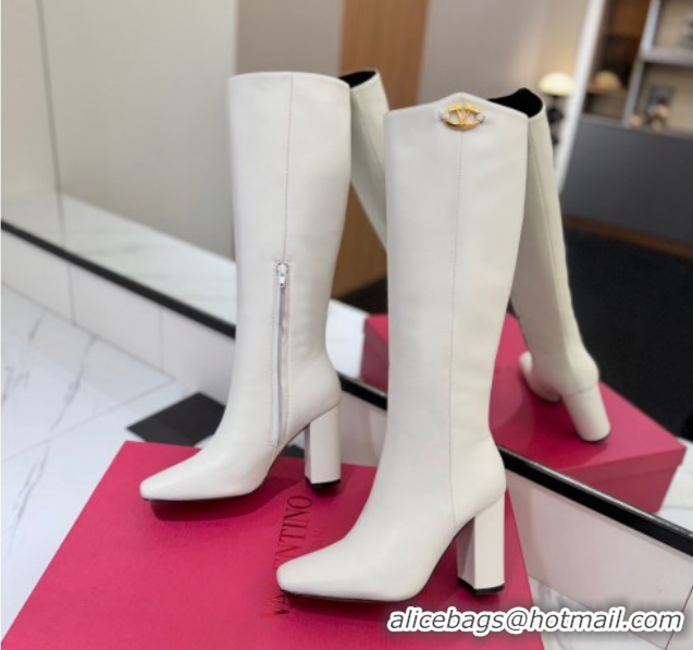 Cheap Price Valentino The Bold Edition VLogo Heel High Boots 9cm in Calfskin Leather White VLTN121607 1216057