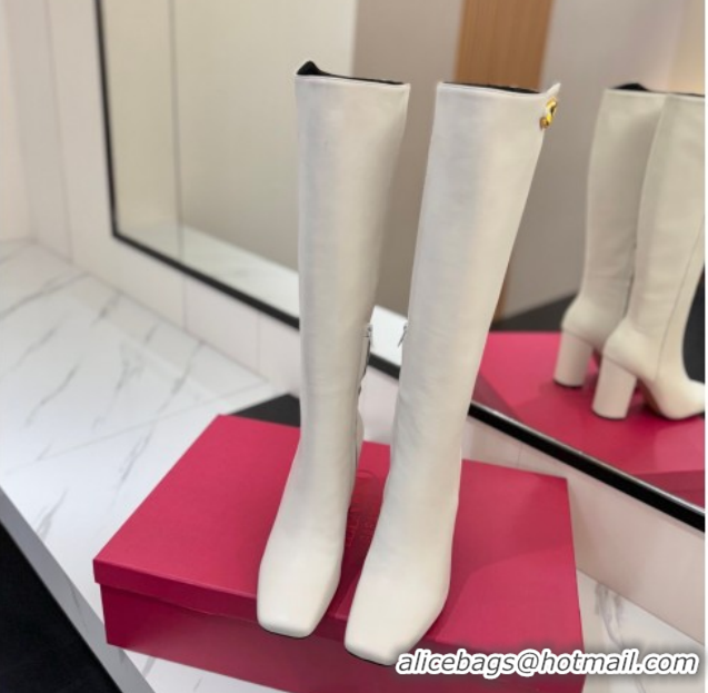 Cheap Price Valentino The Bold Edition VLogo Heel High Boots 9cm in Calfskin Leather White VLTN121607 1216057