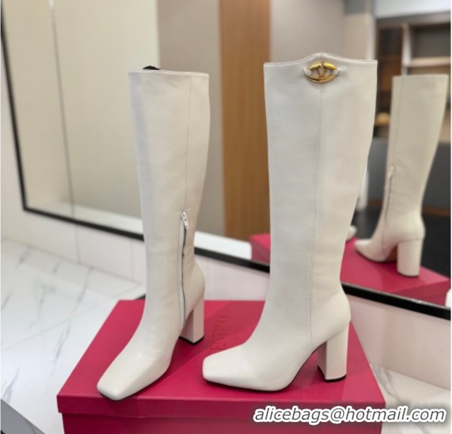 Cheap Price Valentino The Bold Edition VLogo Heel High Boots 9cm in Calfskin Leather White VLTN121607 1216057