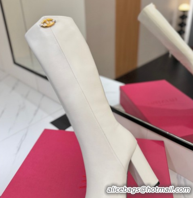 Cheap Price Valentino The Bold Edition VLogo Heel High Boots 9cm in Calfskin Leather White VLTN121607 1216057