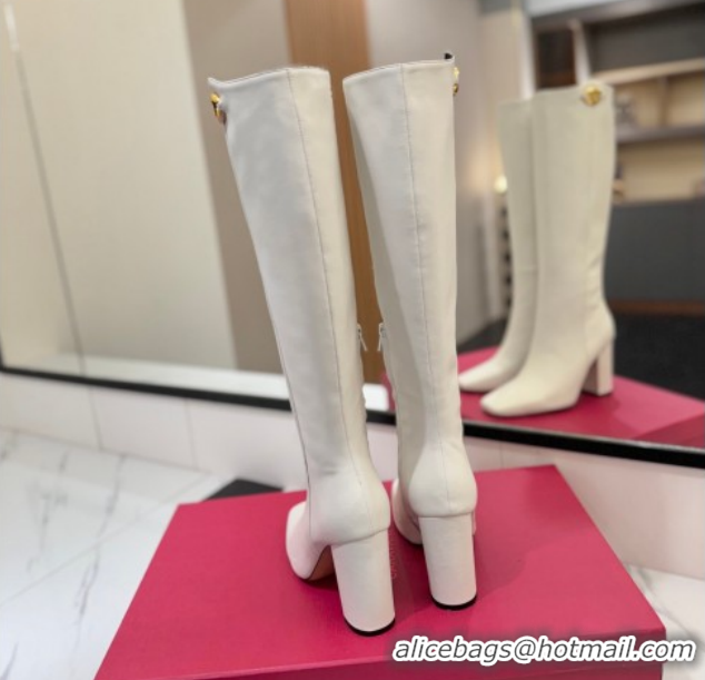 Cheap Price Valentino The Bold Edition VLogo Heel High Boots 9cm in Calfskin Leather White VLTN121607 1216057
