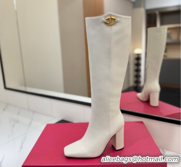 Cheap Price Valentino The Bold Edition VLogo Heel High Boots 9cm in Calfskin Leather White VLTN121607 1216057