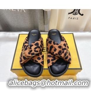 Discount Fendi Feel Flat Slides Sandal in Leopard Print with D-ring Buckle Brown 1216060
