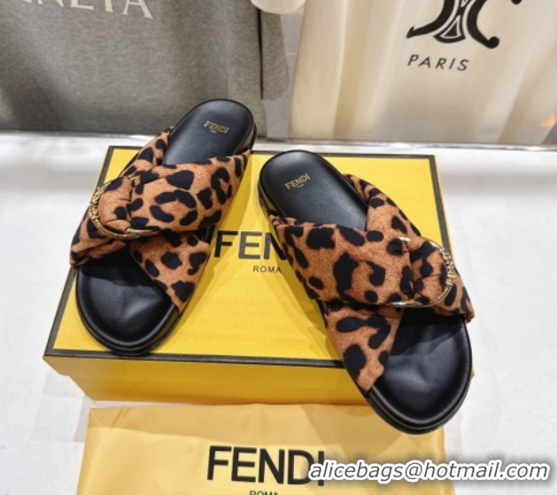 Discount Fendi Feel Flat Slides Sandal in Leopard Print with D-ring Buckle Brown 1216060